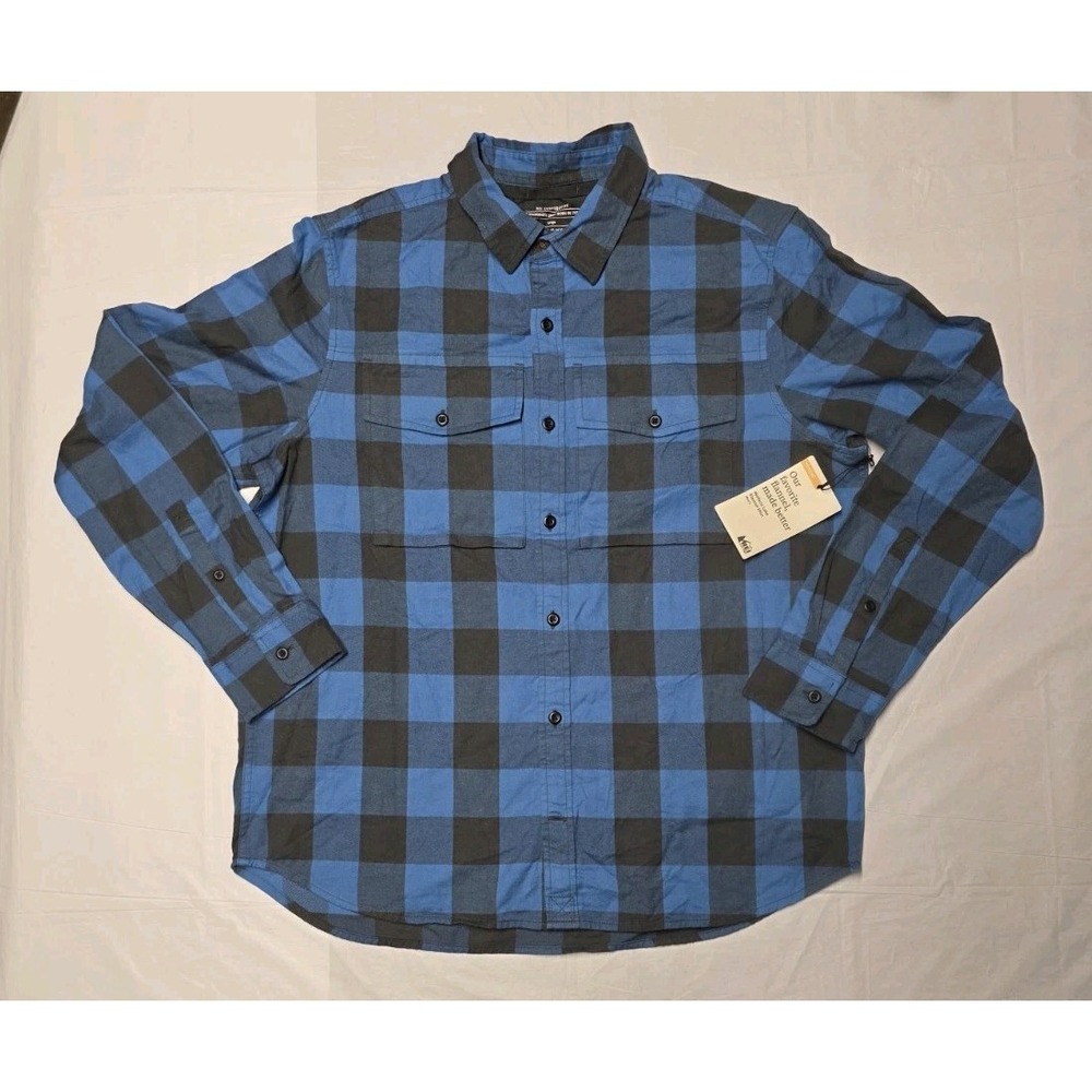 NWT REI Coop Mens Wallace Lake Plaid Flannel Large Blue Cotton Outdoor Hiking